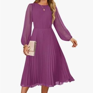 Elegant Plum Chiffon Long Sleeve Pleated Dress
